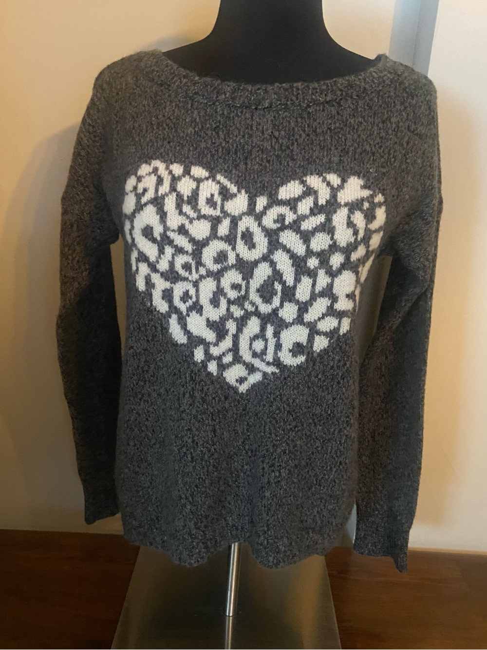 Express Gray Sweater with White Heart Patteren